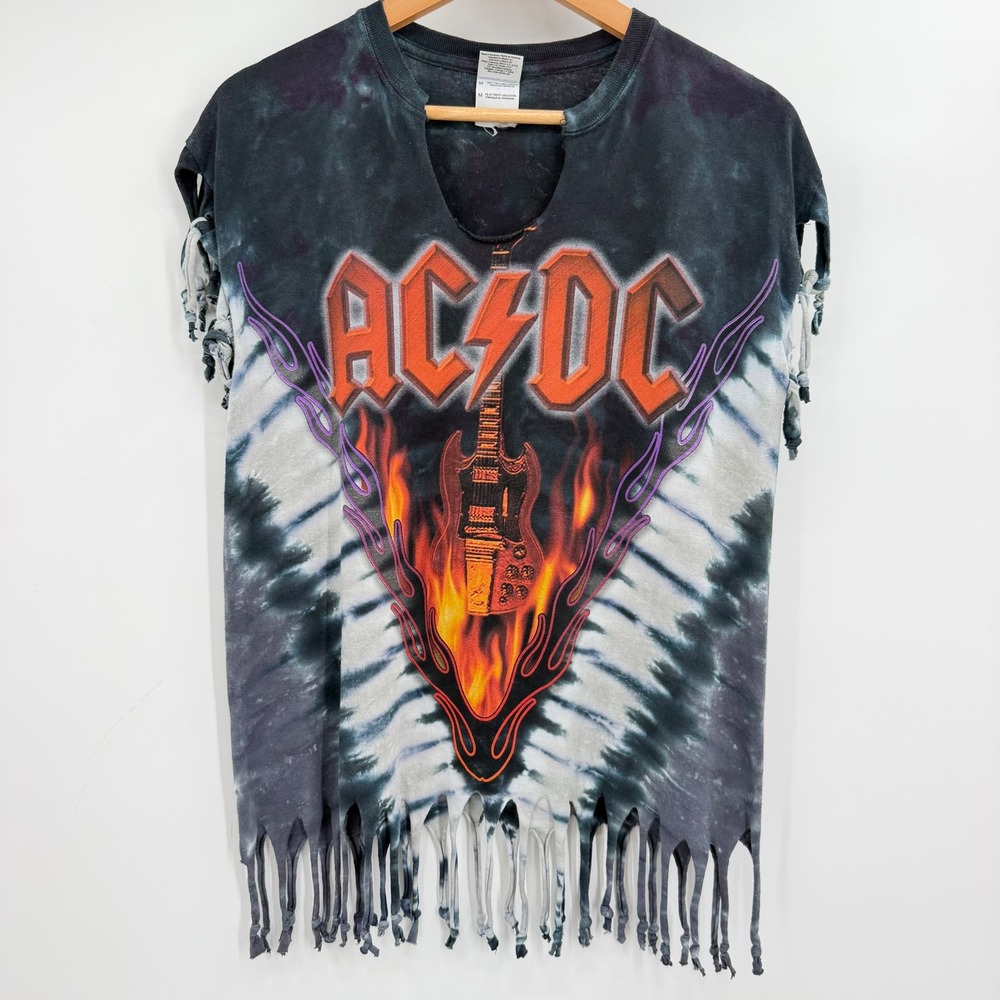 ACDC Hells Bells Tie Dye Fringe Graphic Band Tee Medium Black Grey Distressed